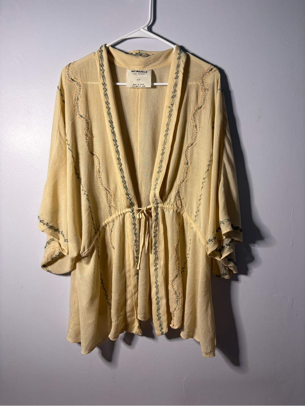 Free People Embroidered Women's Cream Draped Kimono Robe with Tie Waist XS - Picture 3 of 7
